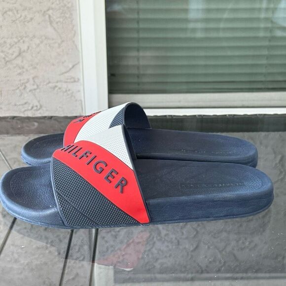 VTG Tommy Hilfiger Slide Sandals Mens 10 Blue USA Flag Y2K Preppy 90s - Picture 5 of 8